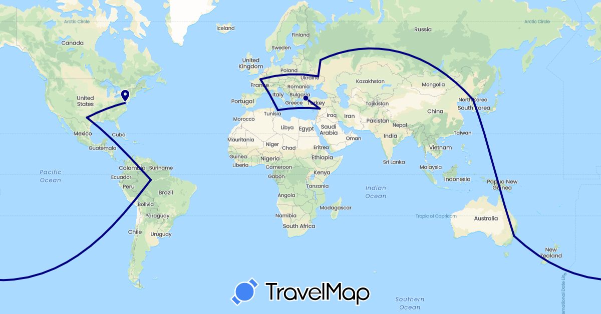 TravelMap itinerary: driving in Australia, Brazil, France, Italy, North Korea, Russia, Syria, Turkey, Ukraine, United States (Asia, Europe, North America, Oceania, South America)